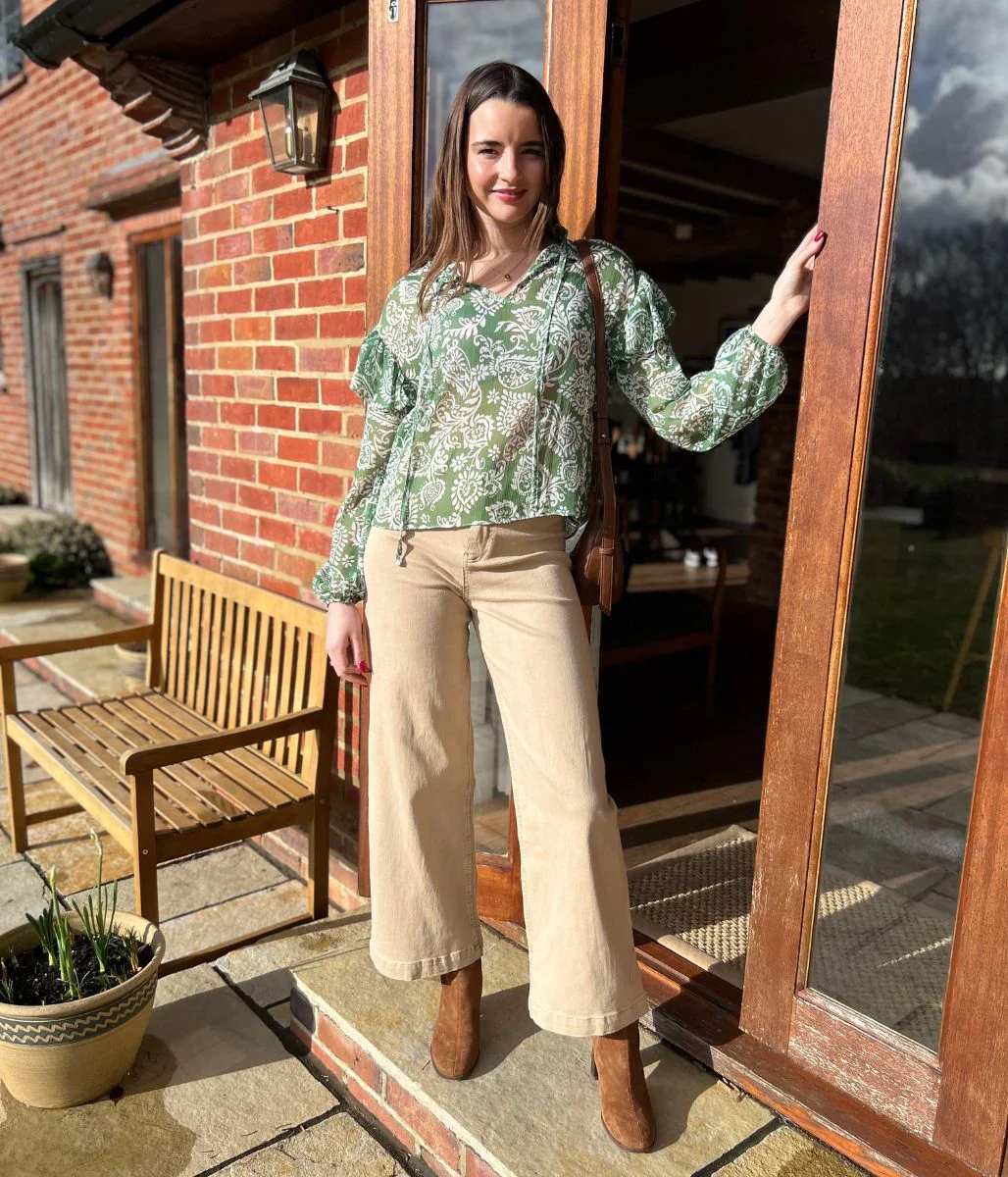 Green Printed Tie Neck Sheer Blouse - Image 3