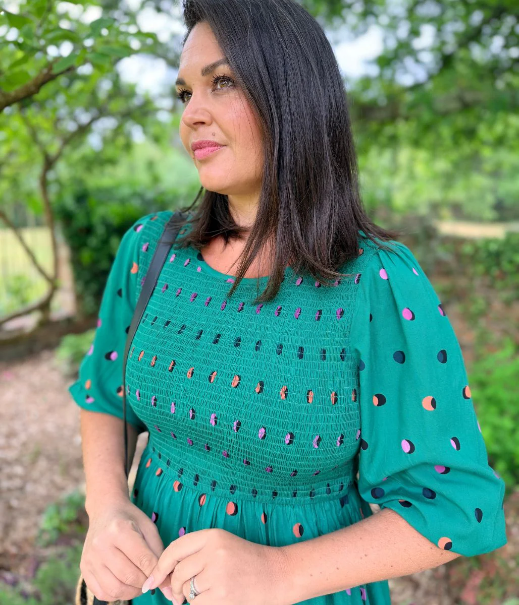 Green Rainbow Polka Gretal Shirred Midi Dress - Image 10