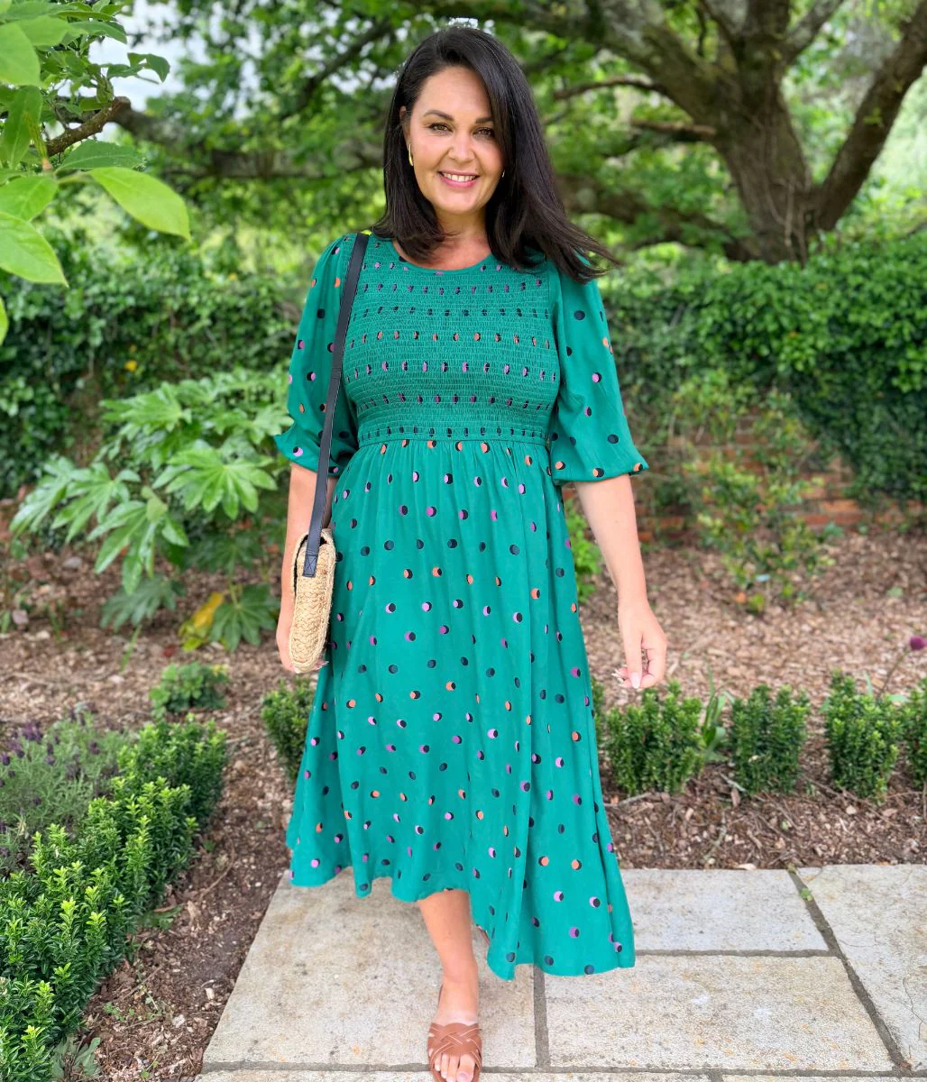Green Rainbow Polka Gretal Shirred Midi Dress - Image 11