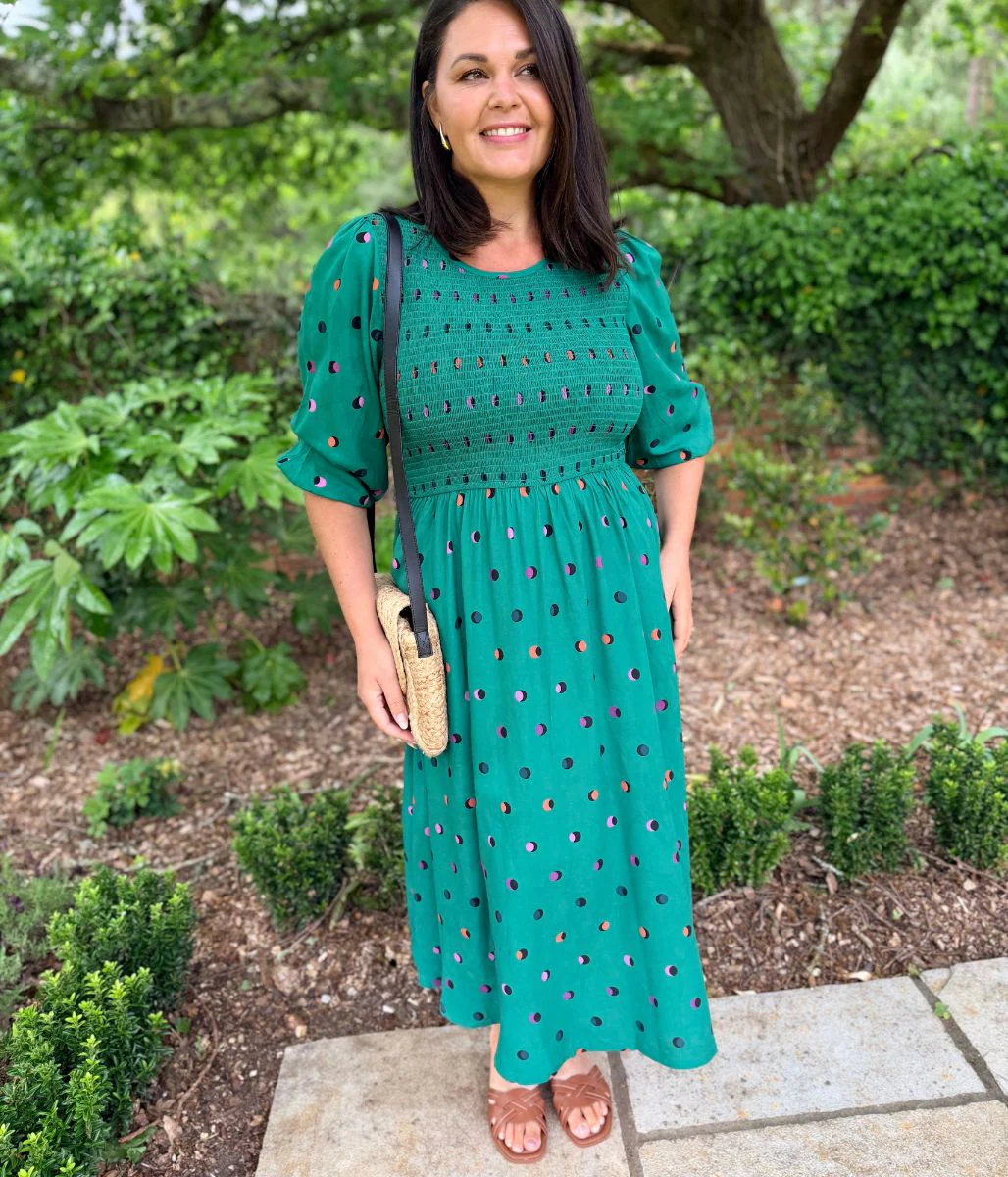 Green Rainbow Polka Gretal Shirred Midi Dress - Image 2