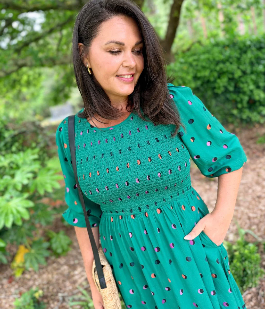 Green Rainbow Polka Gretal Shirred Midi Dress - Image 4