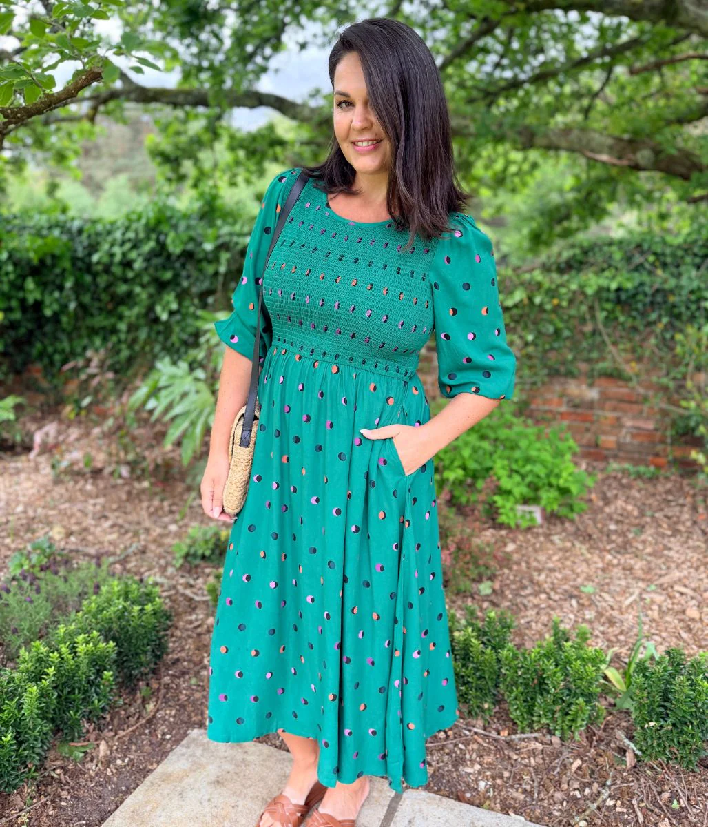 Green Rainbow Polka Gretal Shirred Midi Dress - Image 5