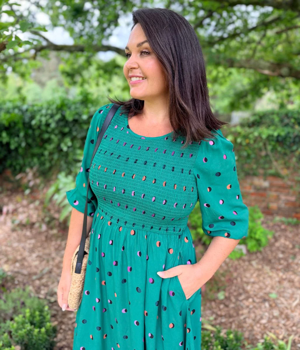 Green Rainbow Polka Gretal Shirred Midi Dress - Image 6