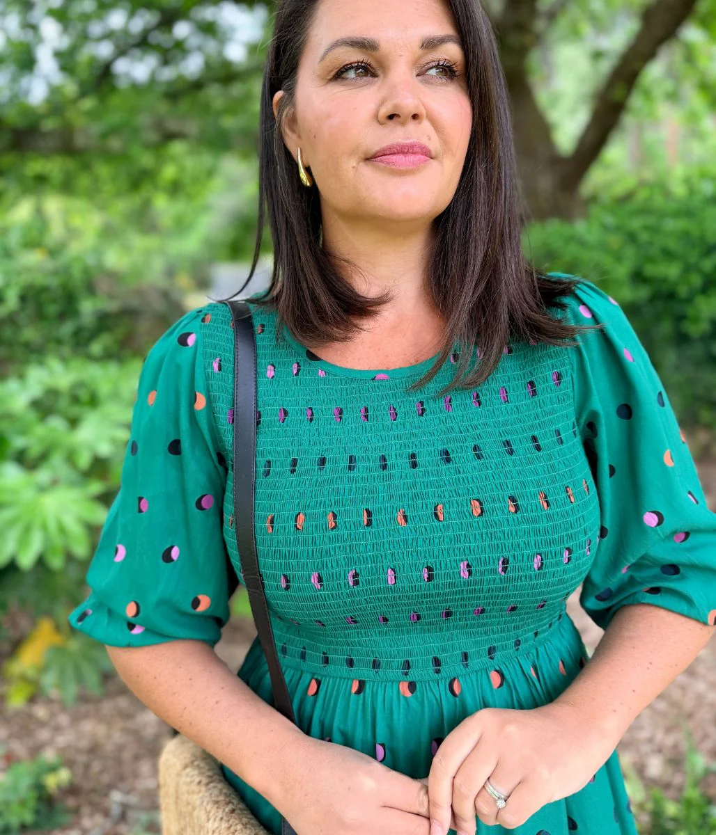 Green Rainbow Polka Gretal Shirred Midi Dress - Image 8