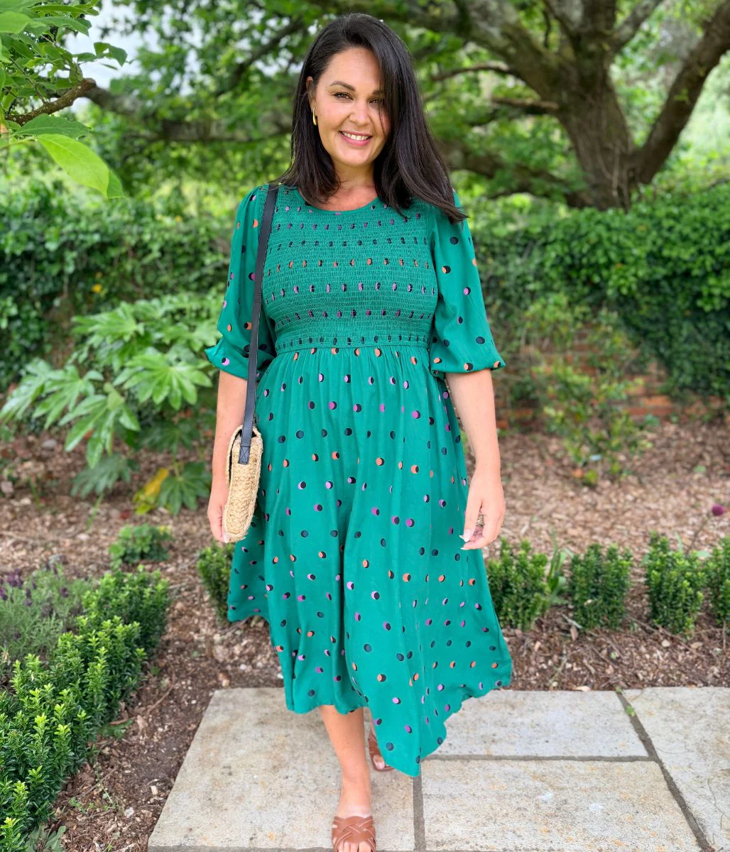 Green Rainbow Polka Gretal Shirred Midi Dress - Image 9