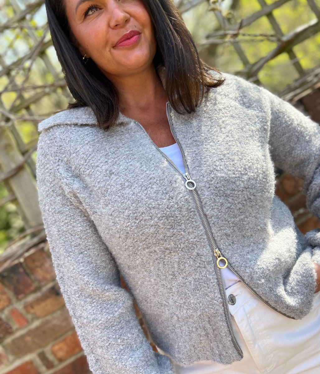Grey Boucle Wool Blend Zip Up Jumper - Image 2