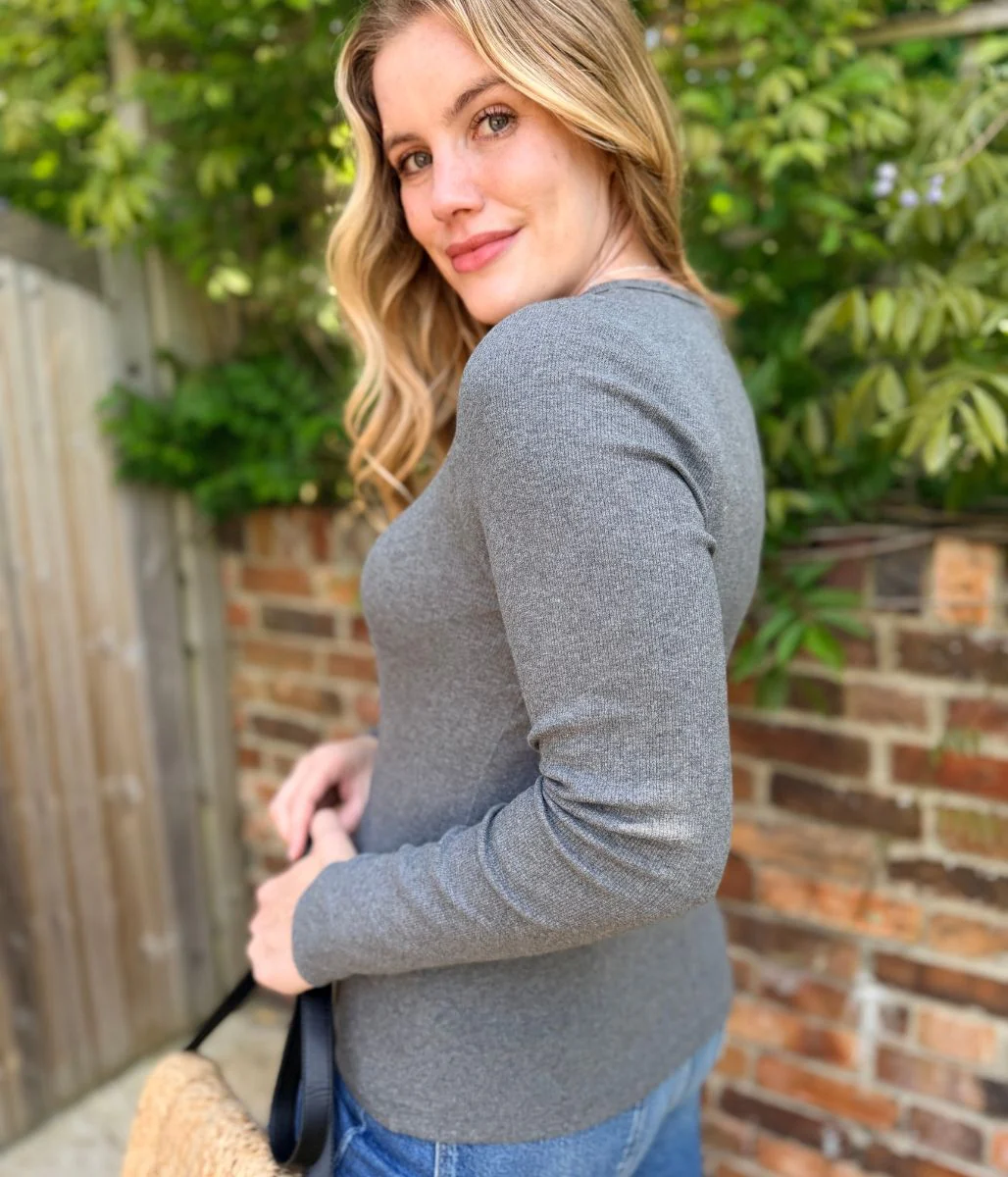 Grey Cotton Rich Ribbed V Neck Top - Image 5