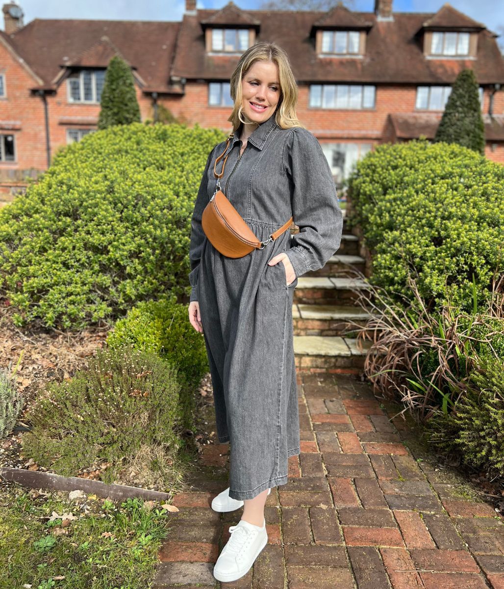 Grey Denim Long Sleeve Zip Front Midi Dress - Image 3