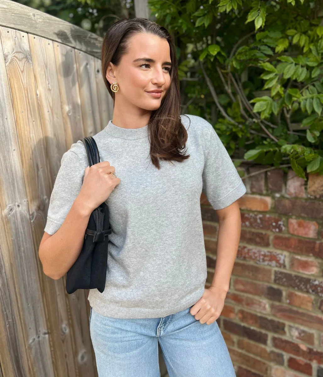 Grey Marl Air Yarn Short Sleeve Crew Neck Jumper - Image 3