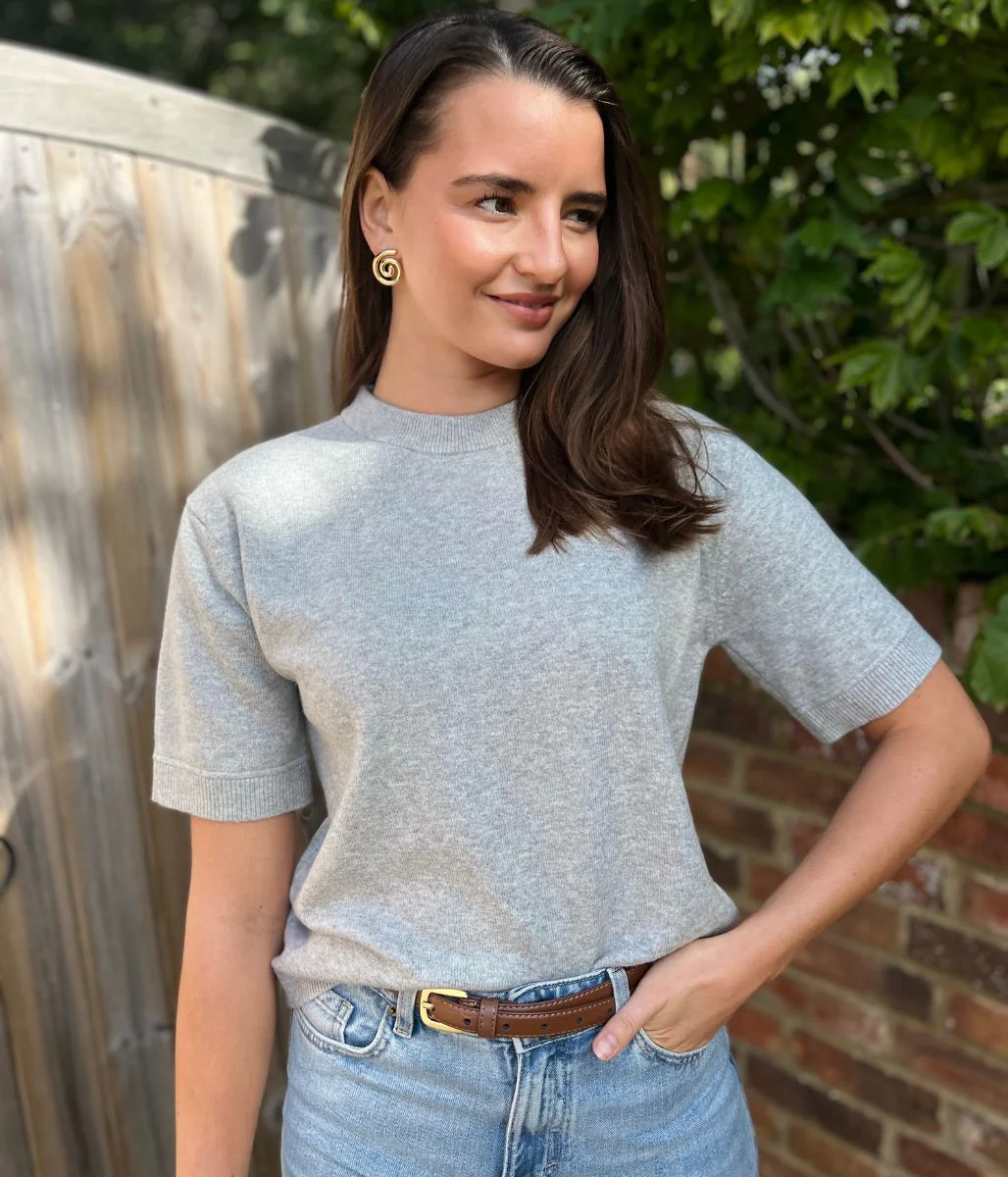 Grey Marl Air Yarn Short Sleeve Crew Neck Jumper - Image 7