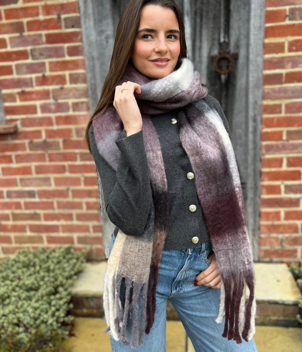 Grey & Plum Cosy Tassel Scarf - Image 6