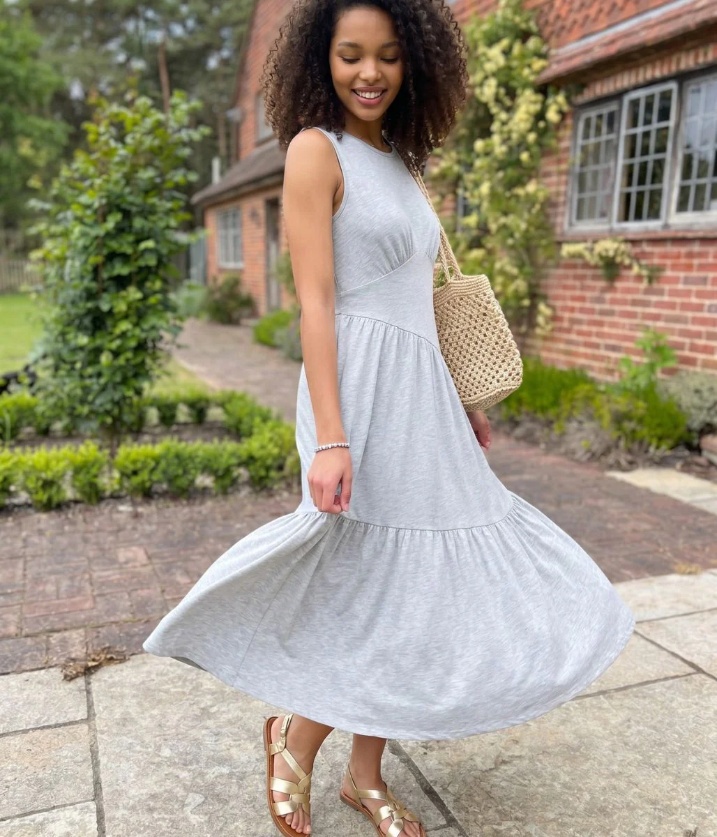 Grey Premium Asymmetric Sleeveless Jersey Dress