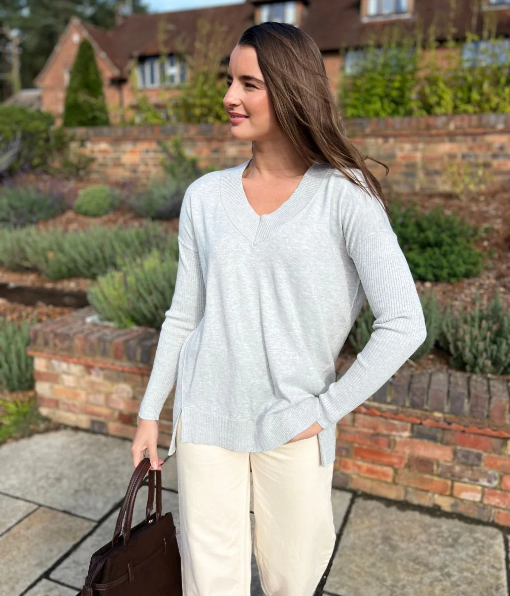 Grey Fine Knit V Neck Tunic Jumper