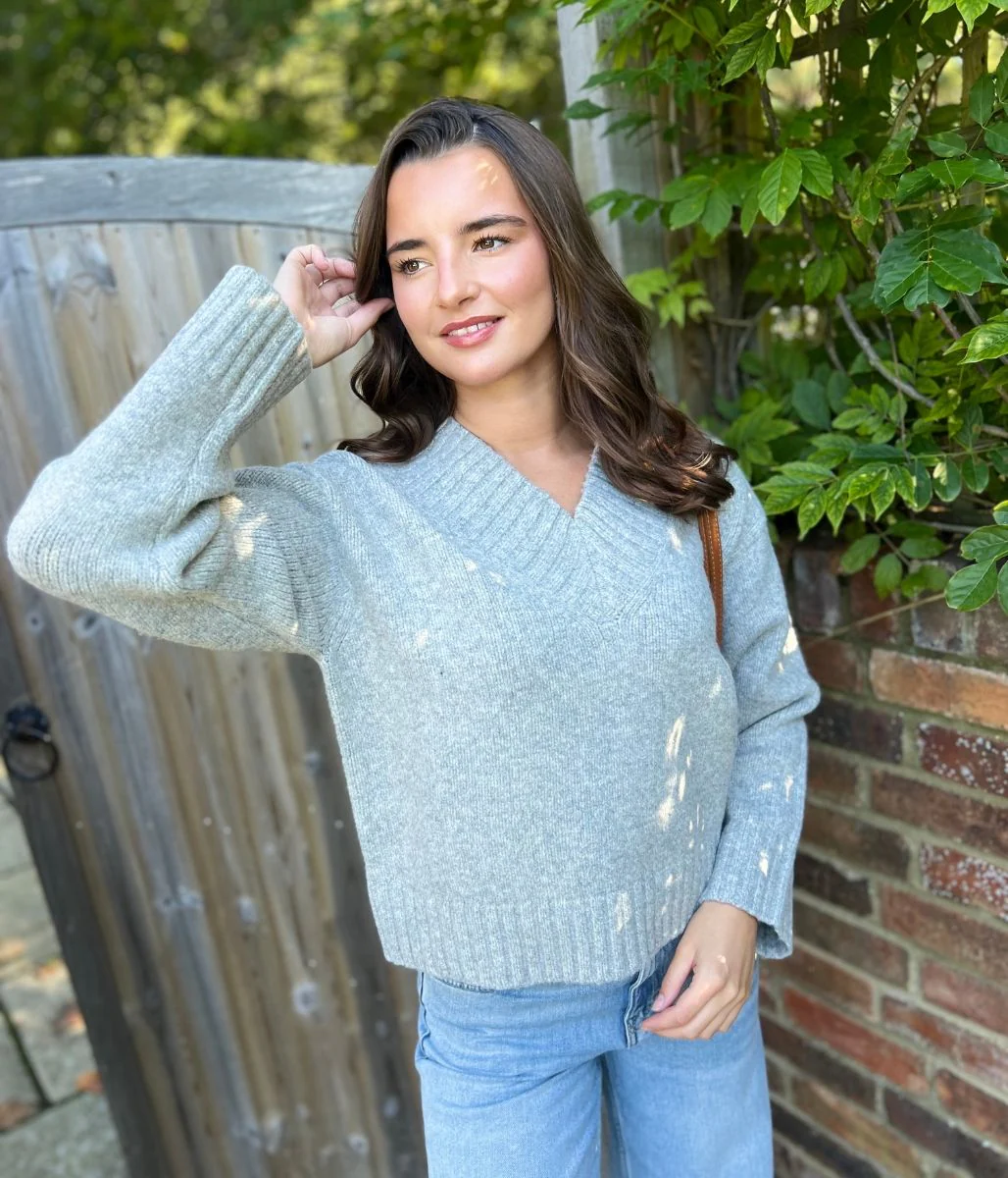 Grey V Neck Knitted Jumper - Image 2