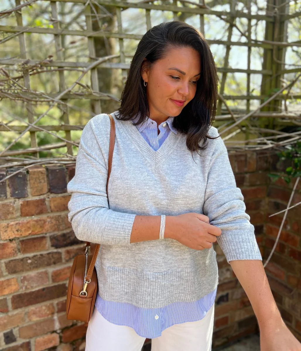 Grey V Neck Mock Shirt Jumper - Image 2