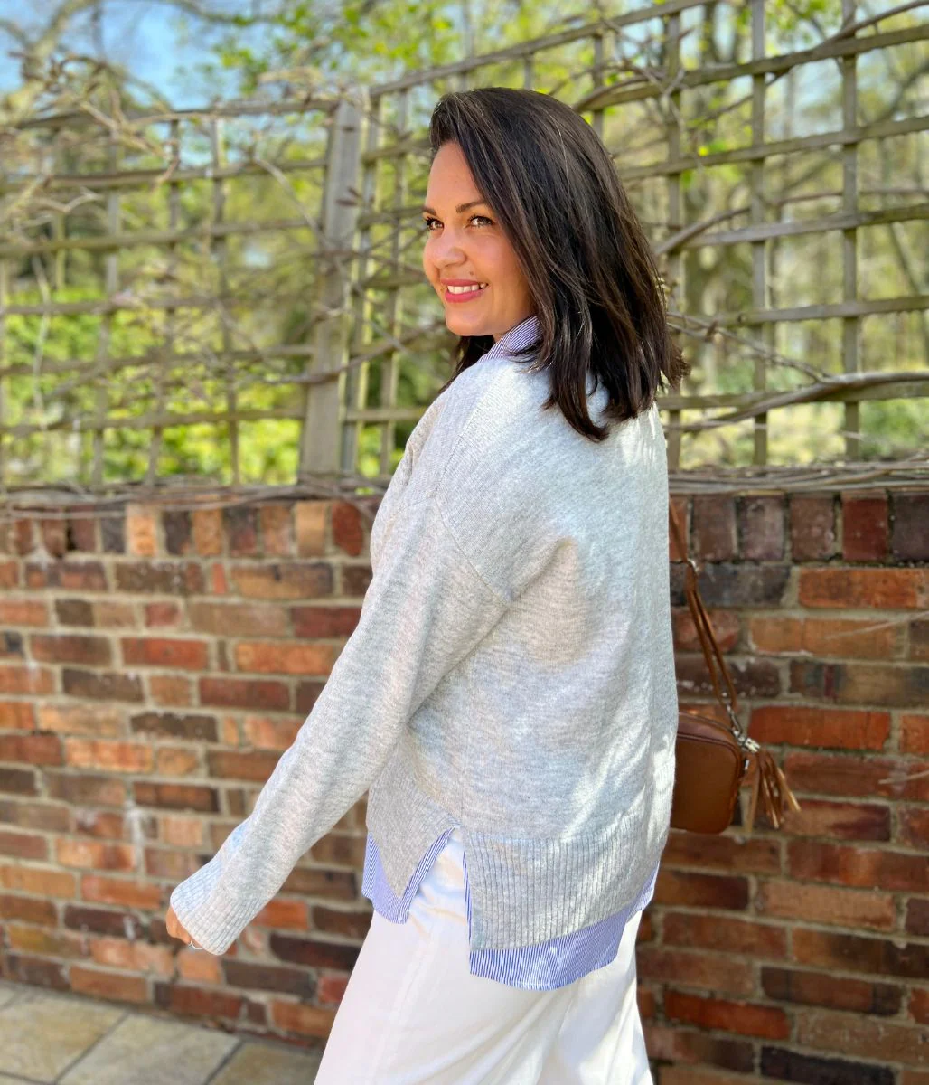 Grey V Neck Mock Shirt Jumper - Image 3