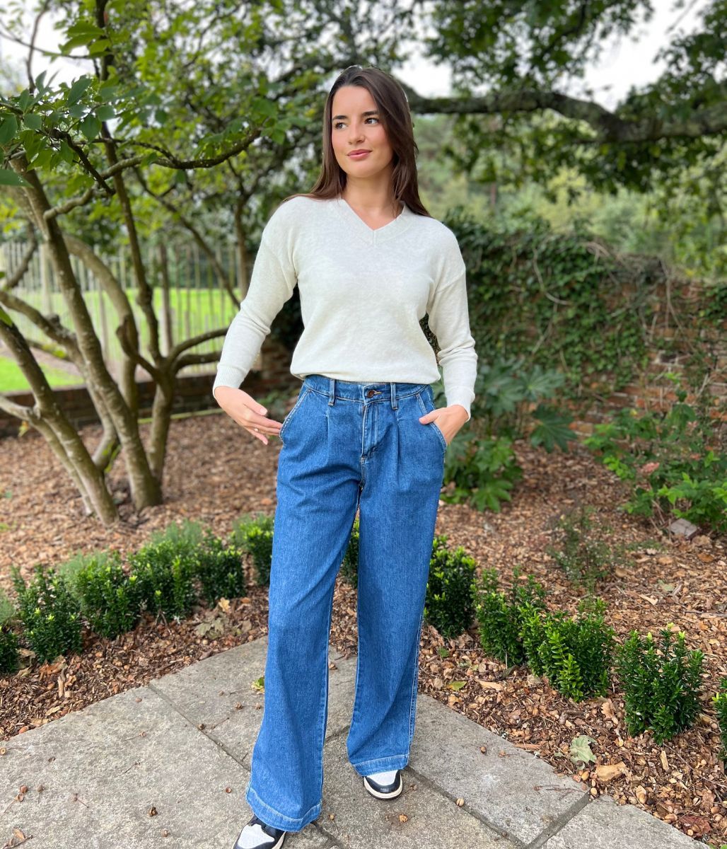 Indigo High Rise Pleated Wide Leg Jeans - Image 2