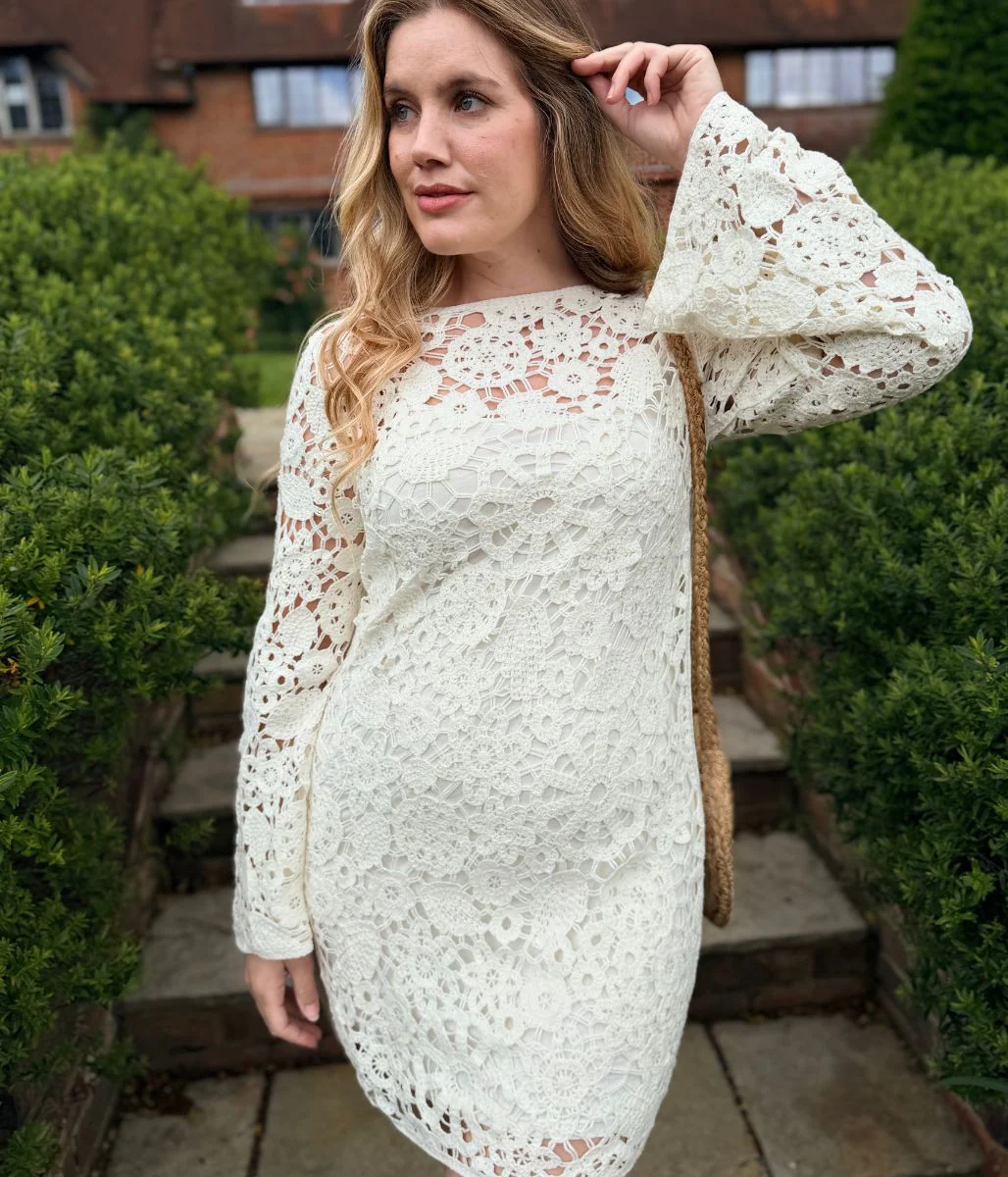 Ivory Crochet Bell Sleeve Dress - Image 10