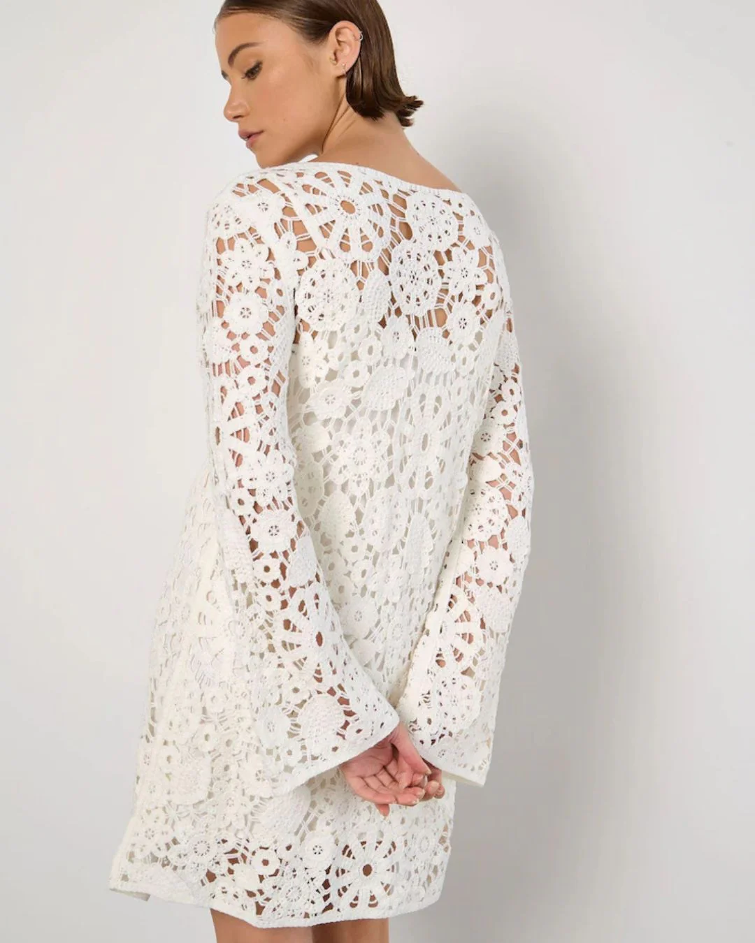 Ivory Crochet Bell Sleeve Dress - Image 3
