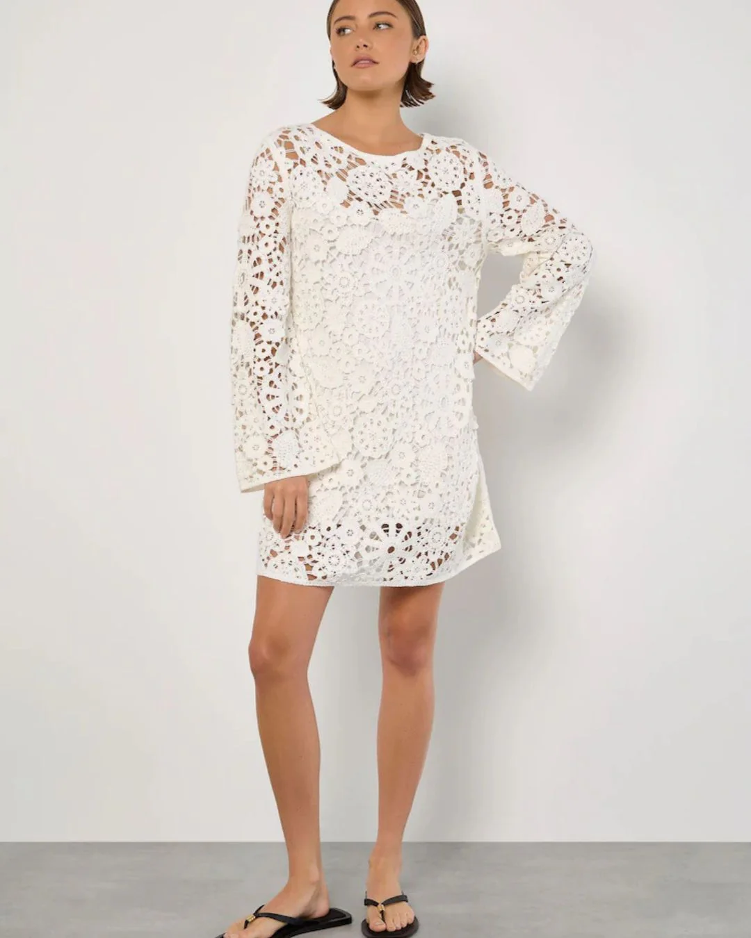 Ivory Crochet Bell Sleeve Dress - Image 4
