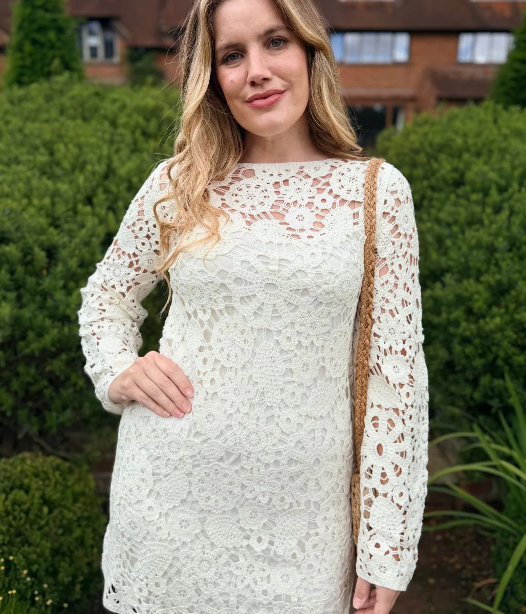 Ivory Crochet Bell Sleeve Dress - Image 6