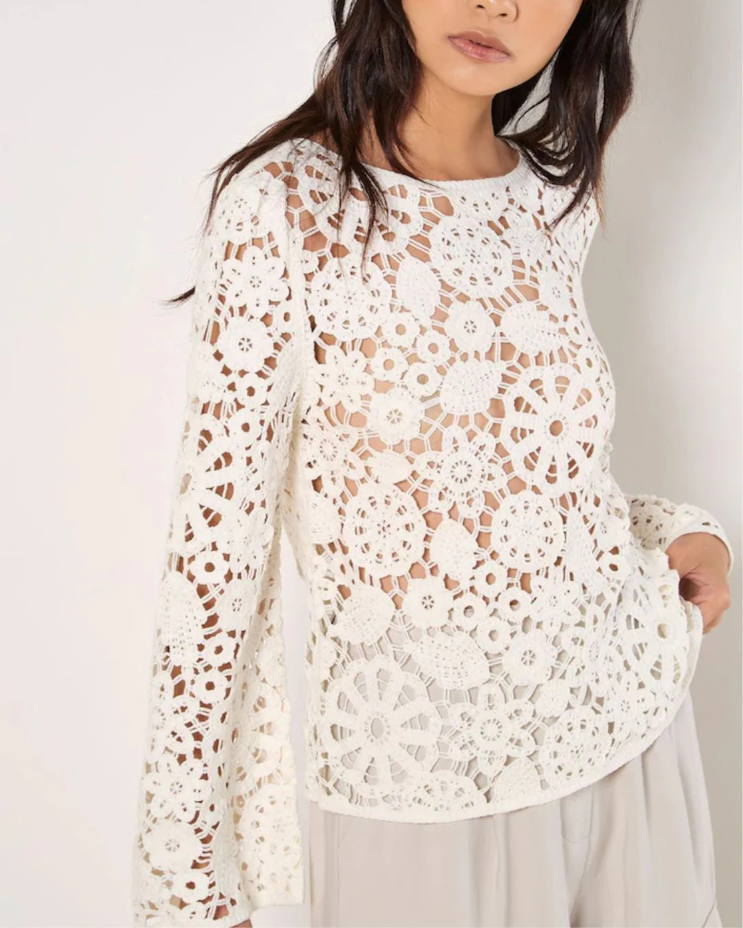 Ivory Floral Crochet Bell Sleeve Top