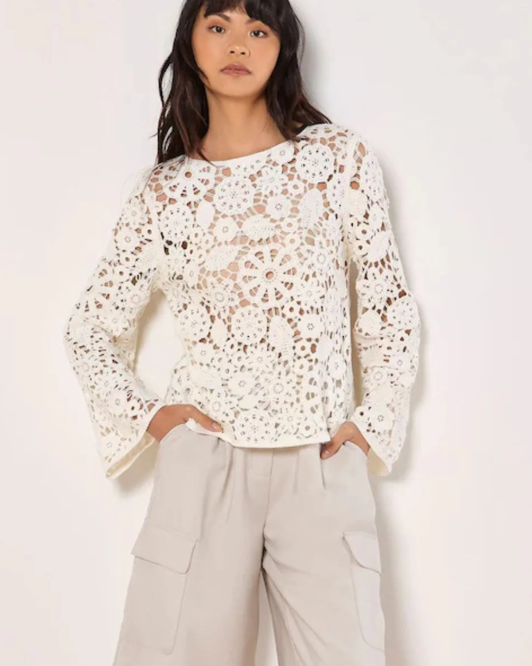 Ivory Floral Crochet Bell Sleeve Top - Image 3