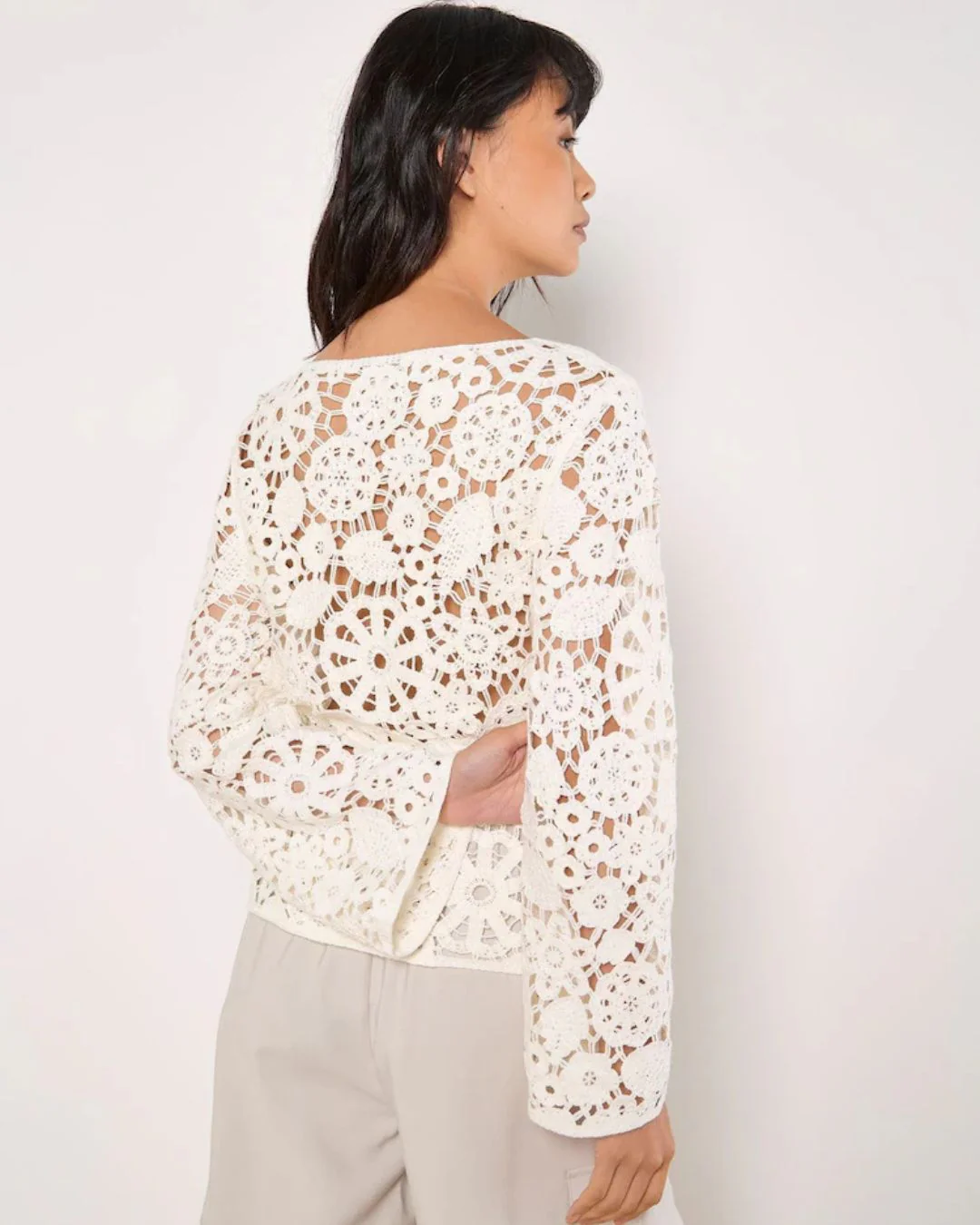 Ivory Floral Crochet Bell Sleeve Top - Image 4