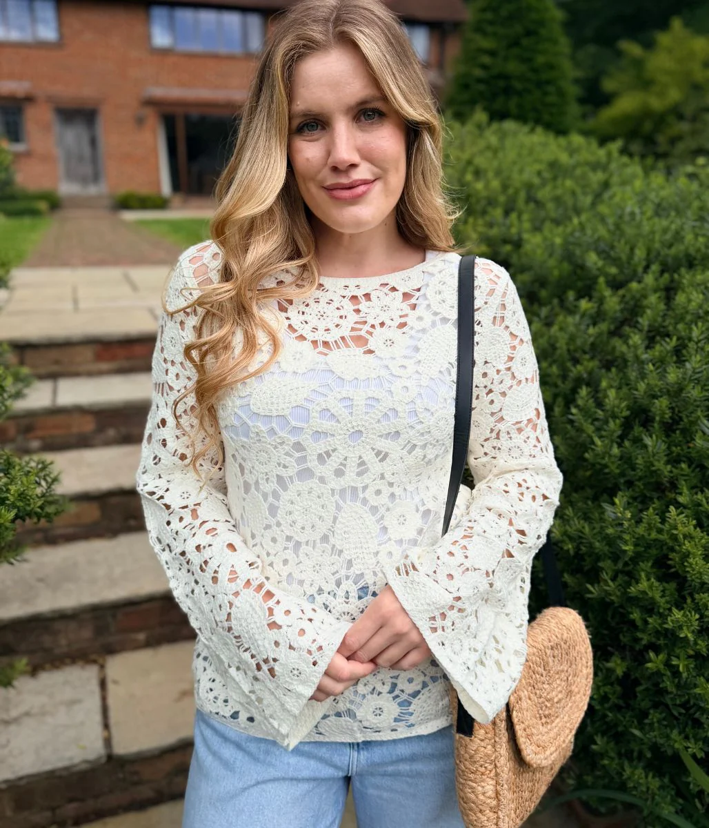 Ivory Floral Crochet Bell Sleeve Top - Image 5