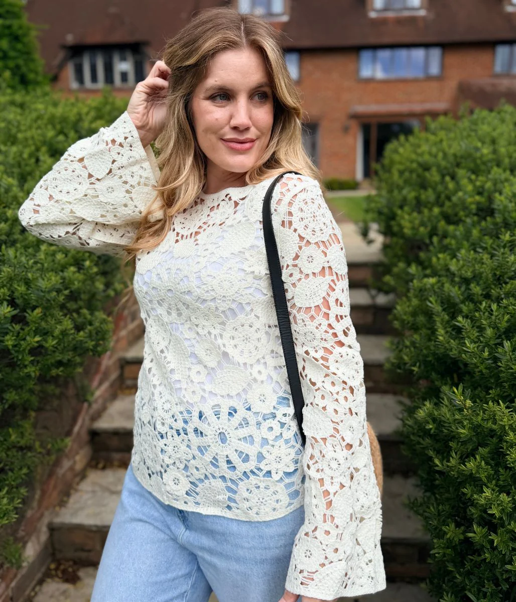 Ivory Floral Crochet Bell Sleeve Top - Image 6
