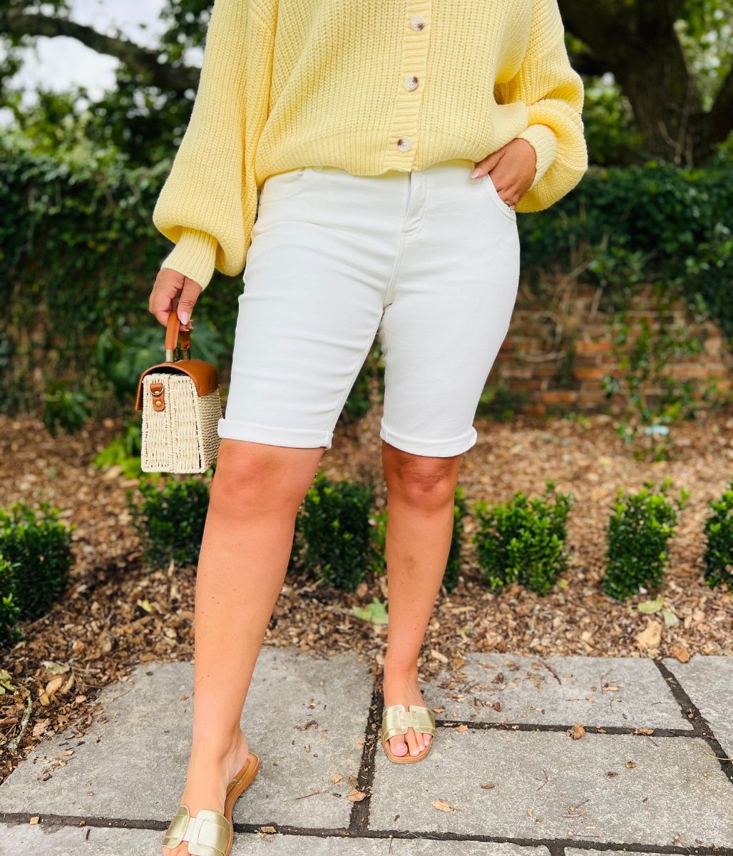 Ivory Knee Length Denim Shorts - Image 3