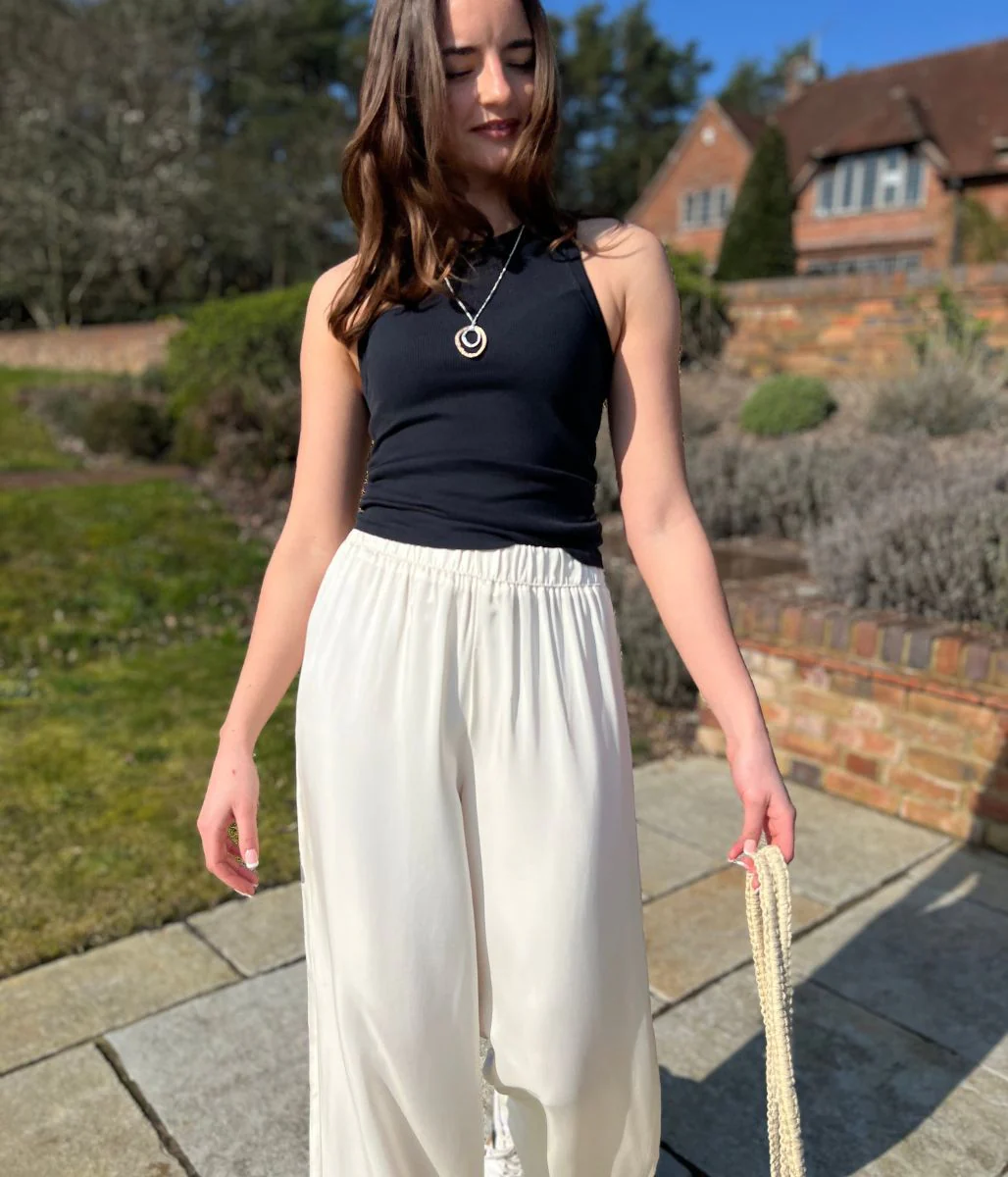 Ivory Satin Wide Leg Palazzo Trousers - Image 3