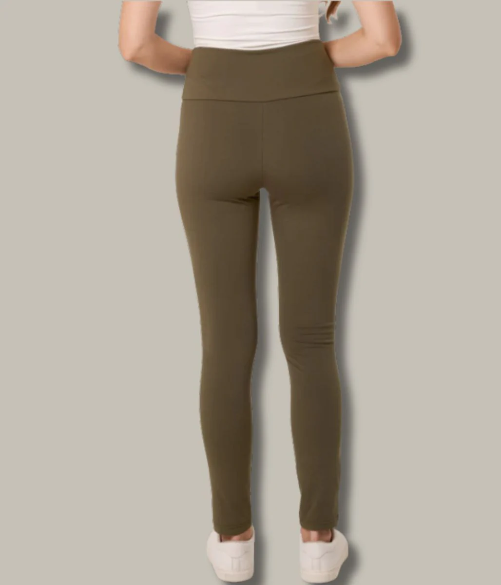 Khaki Fleece Lined Wide Waistband Leggings - Image 3