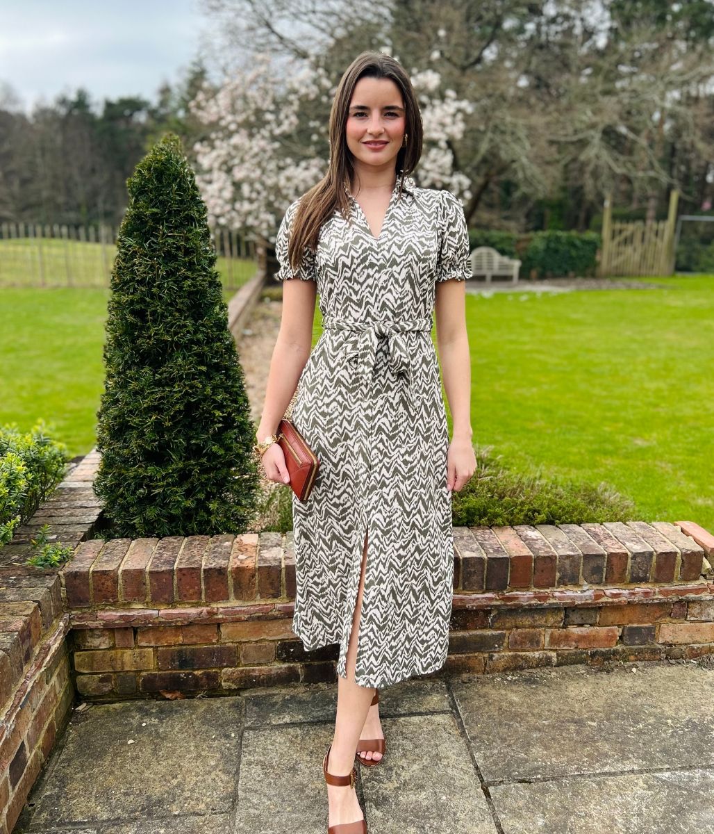 Khaki Ikat Midi Dress-No Belt - Image 3