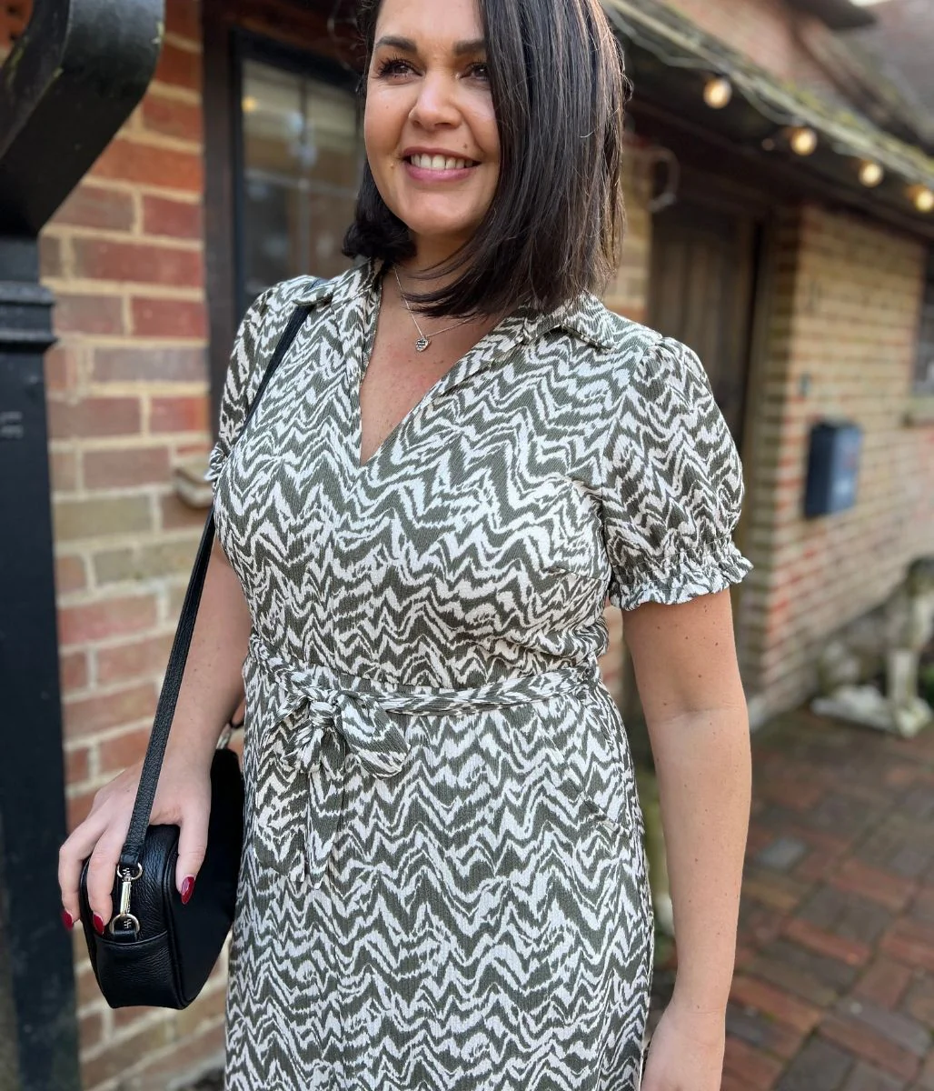 Khaki Ikat Midi Dress-No Belt - Image 4