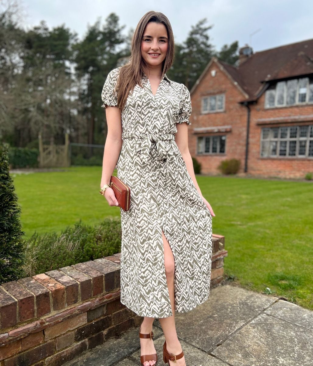 Khaki Ikat Midi Dress-No Belt - Image 9