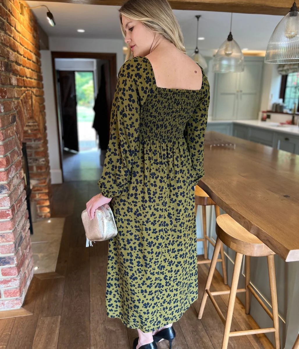 Khaki Leopard Print Shirred Midi Dress - Image 3