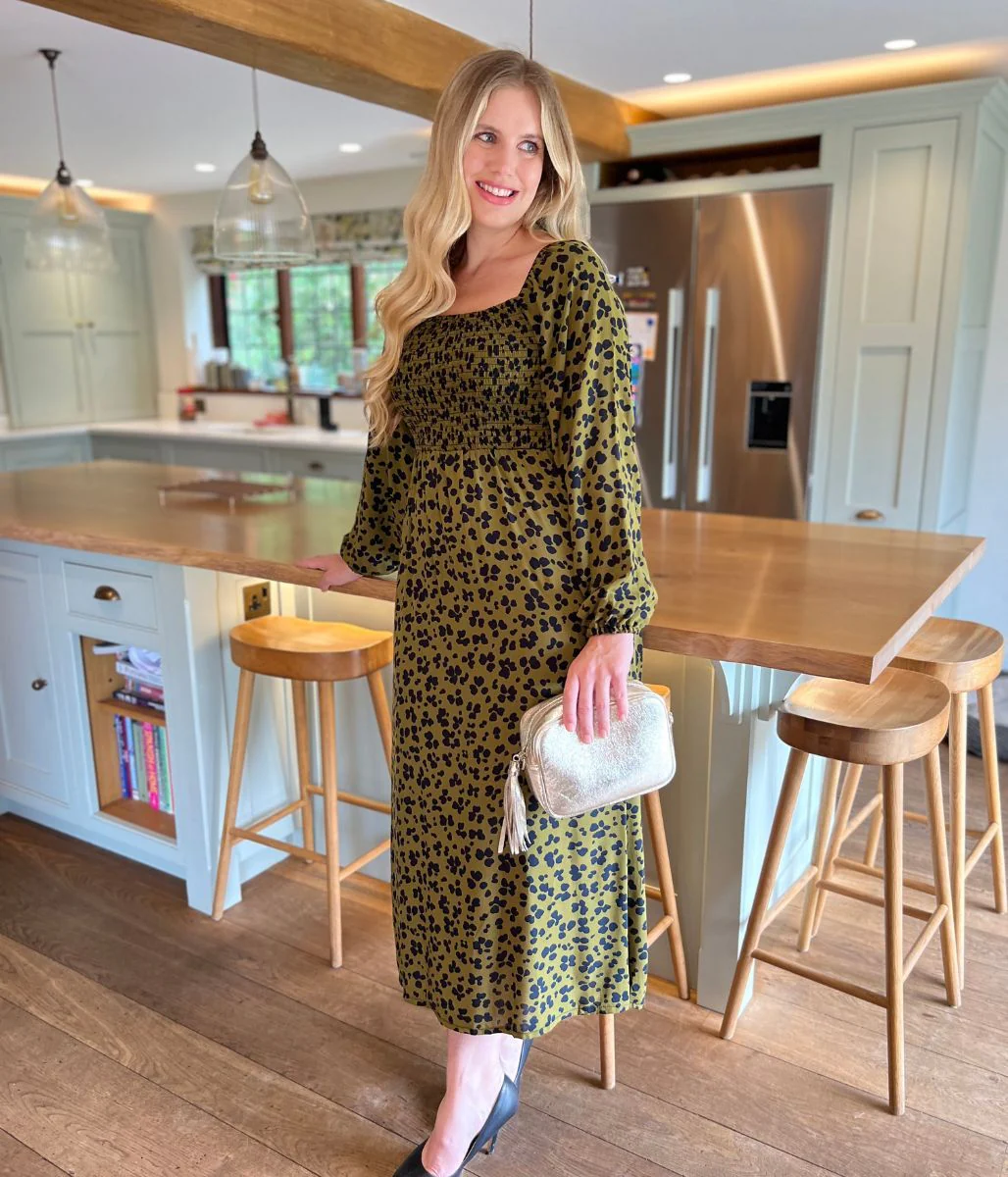 Khaki Leopard Print Shirred Midi Dress - Image 4