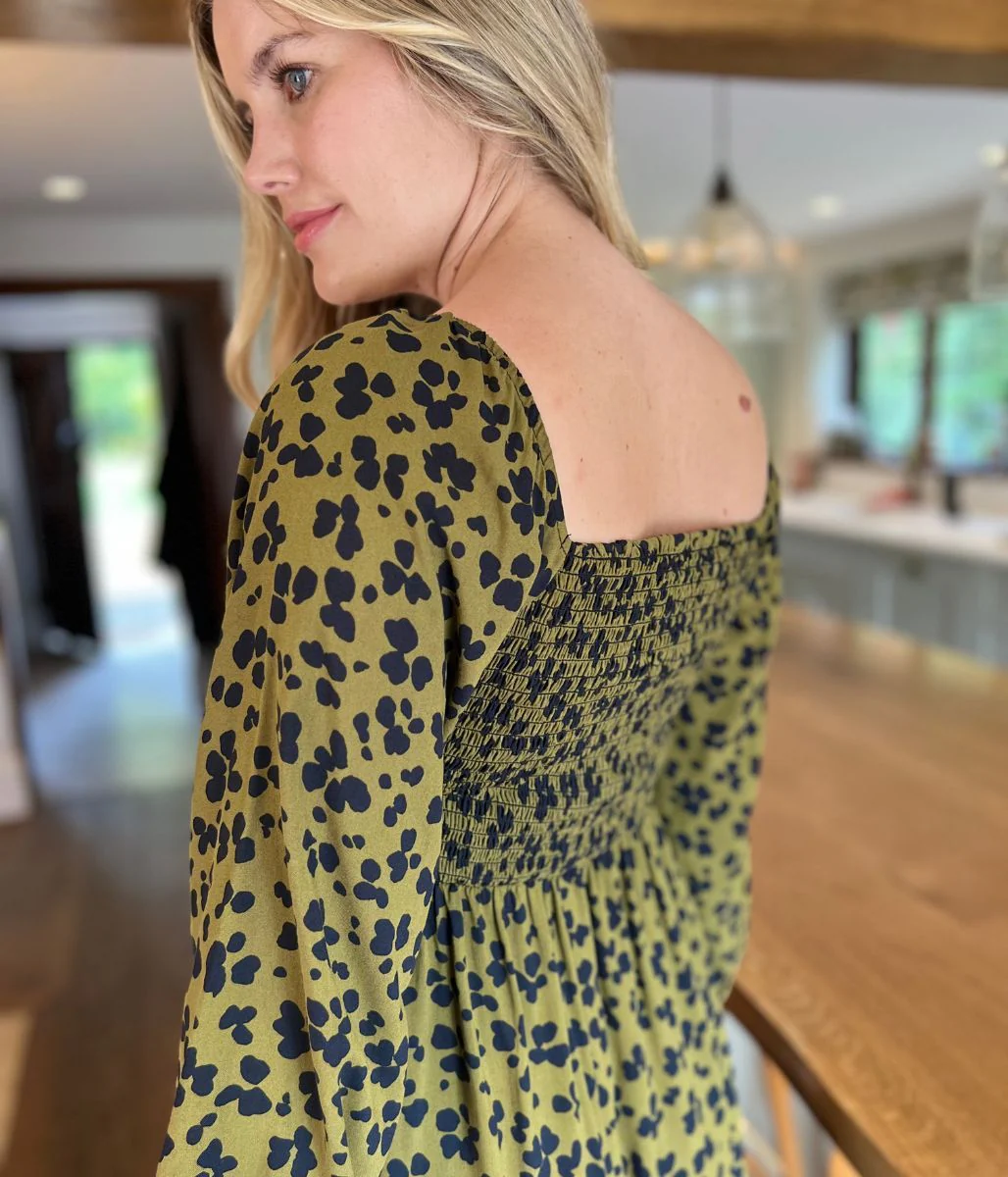 Khaki Leopard Print Shirred Midi Dress - Image 5