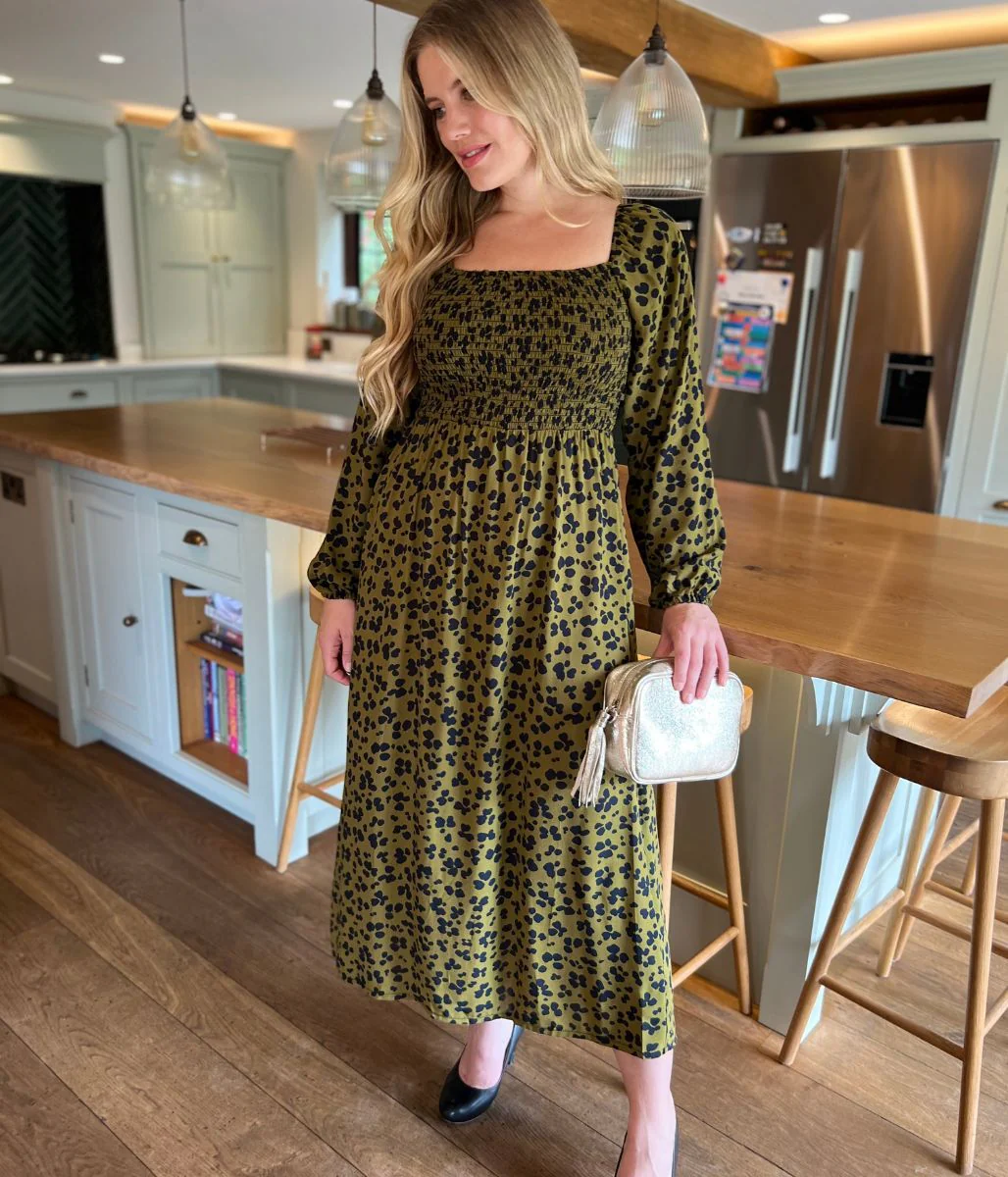 Khaki Leopard Print Shirred Midi Dress - Image 6