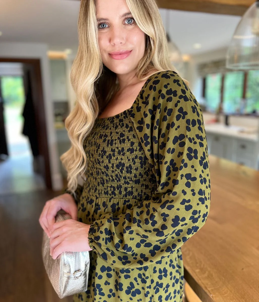 Khaki Leopard Print Shirred Midi Dress - Image 7