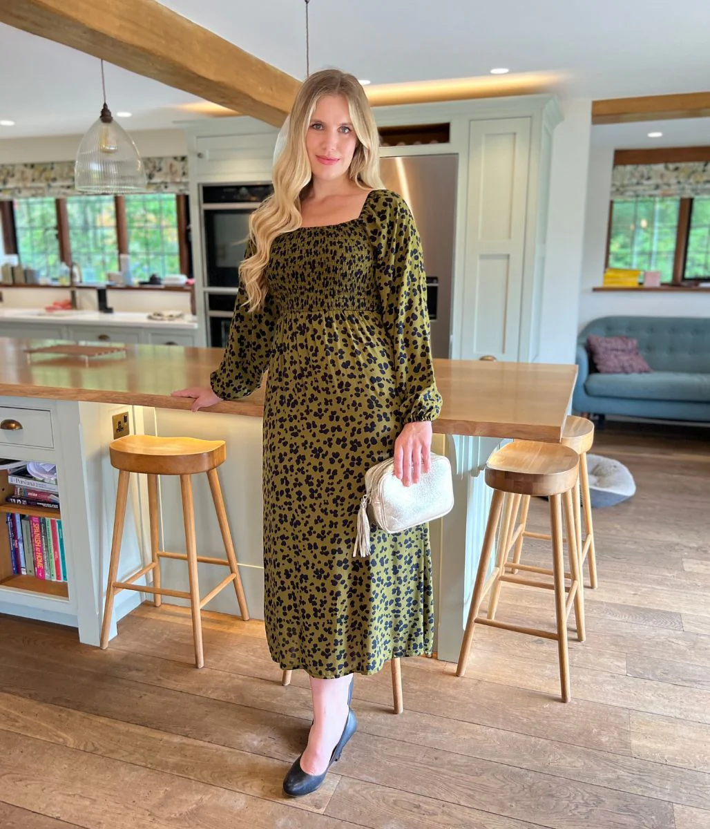 Khaki Leopard Print Shirred Midi Dress - Image 8