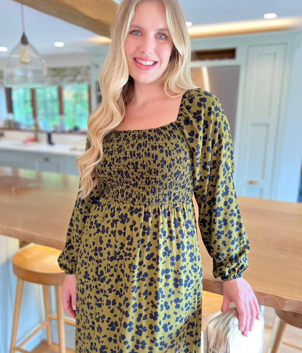 Khaki Leopard Print Shirred Midi Dress - Image 9
