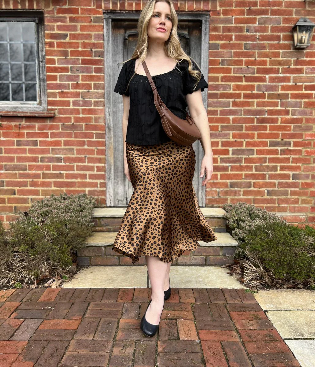 Leopard Print Satin Midi Skirt