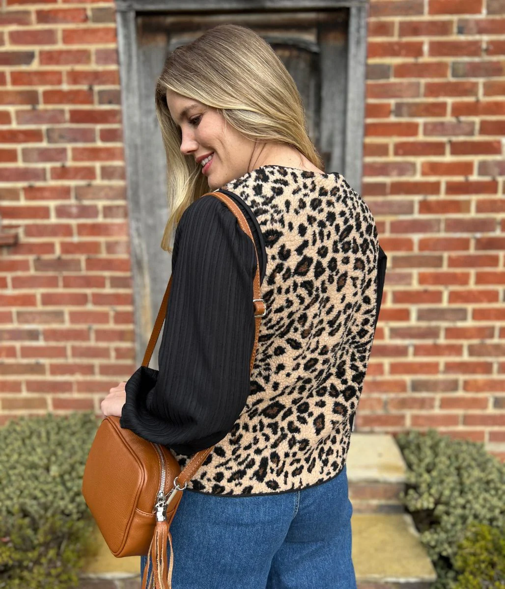 Leopard Print Tie Front Borg Gilet - Image 3