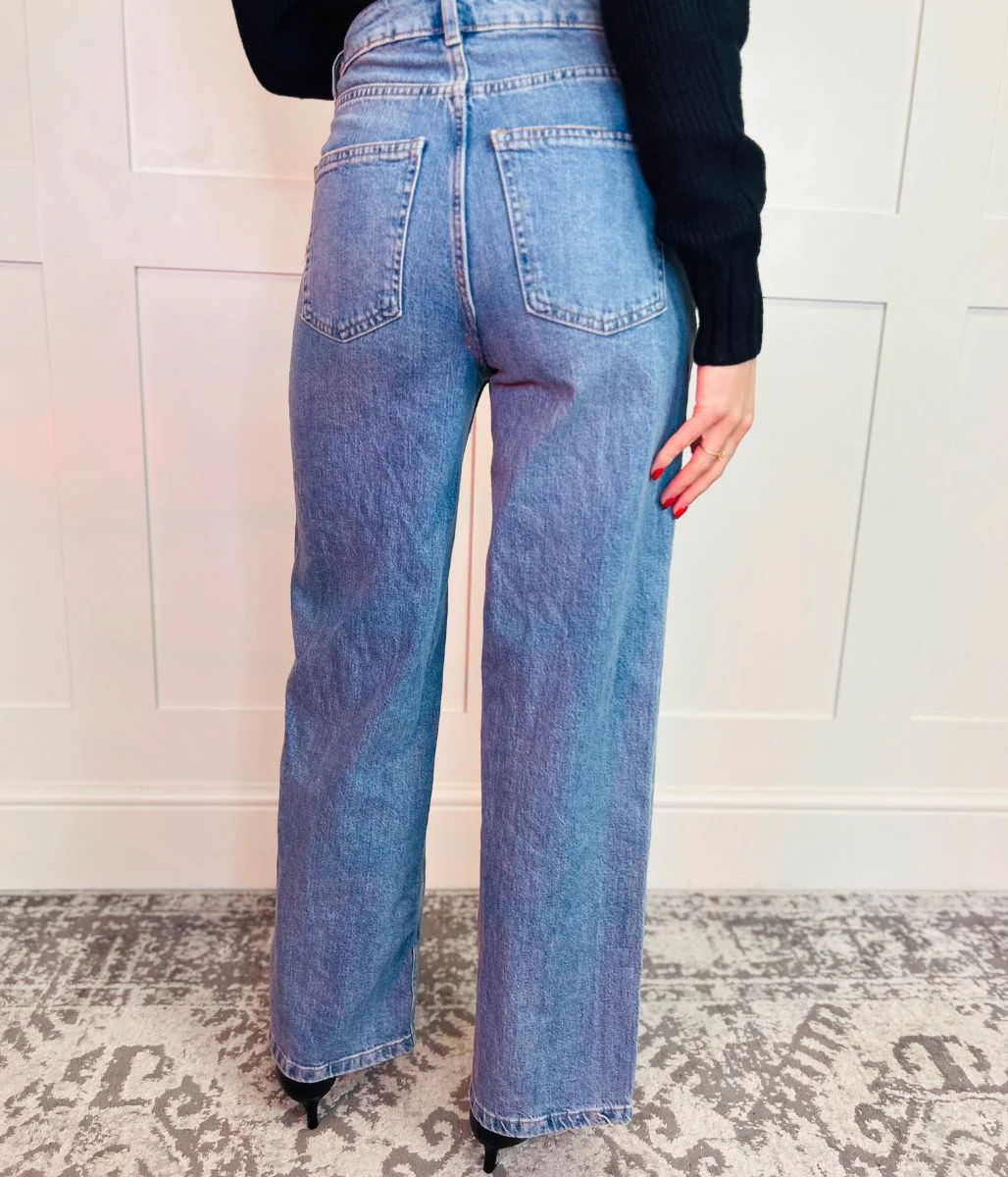 Light Blue Denim Lyocell Blend Wide Leg Jeans - Image 5