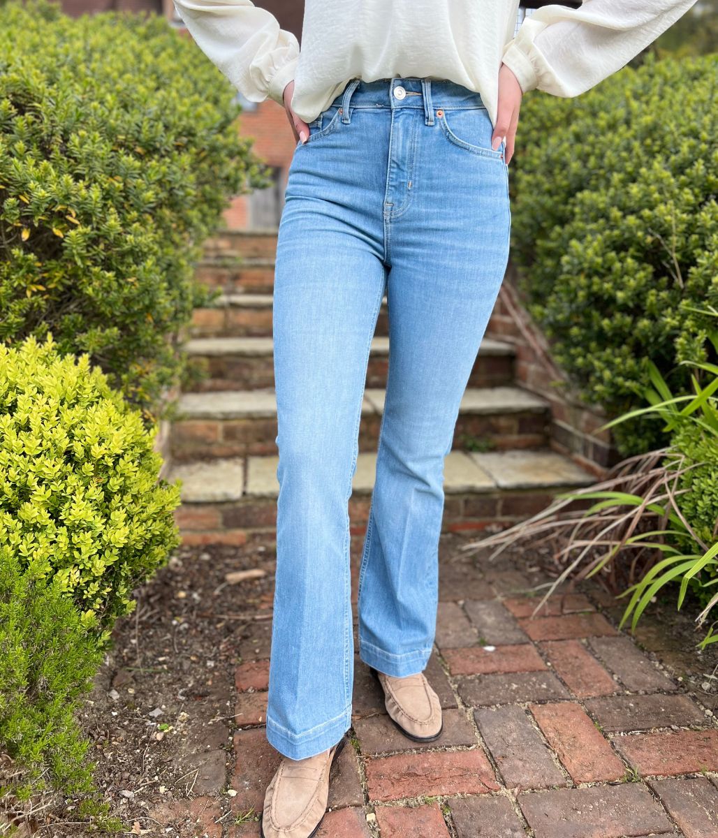 Light Denim Crease Front Slim Flare Jeans