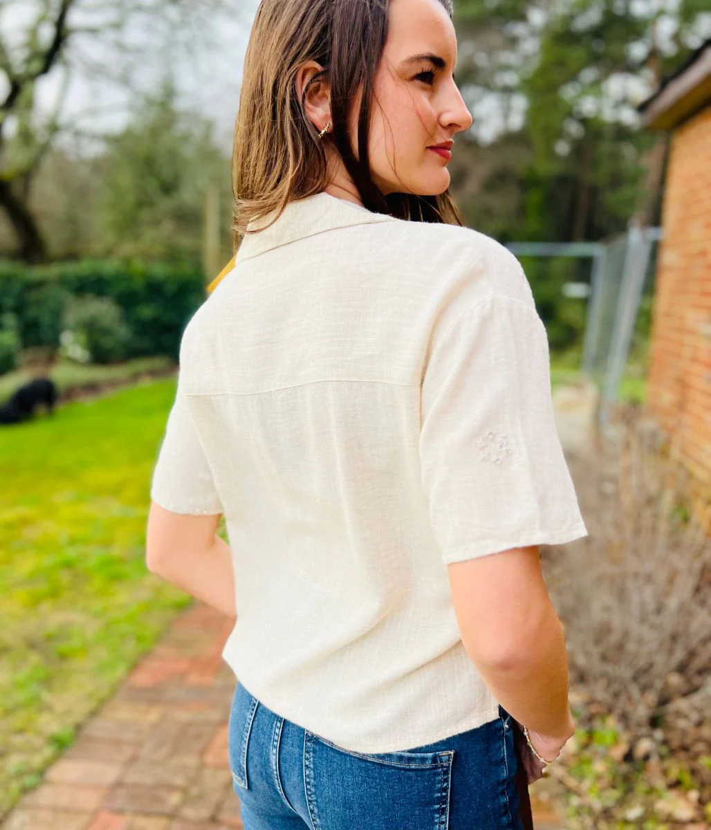 Linen Blend Short Sleeve Embellished Shirt - Image 10