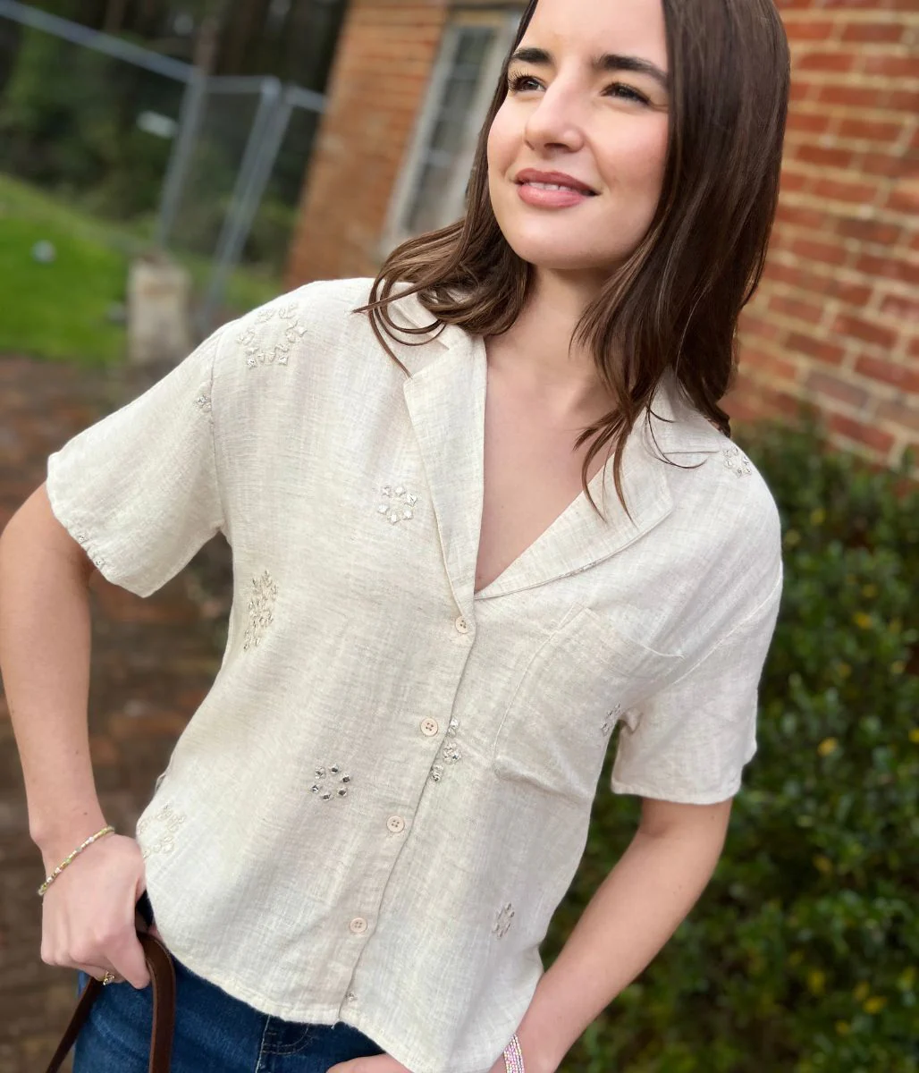Linen Blend Short Sleeve Embellished Shirt - Image 8