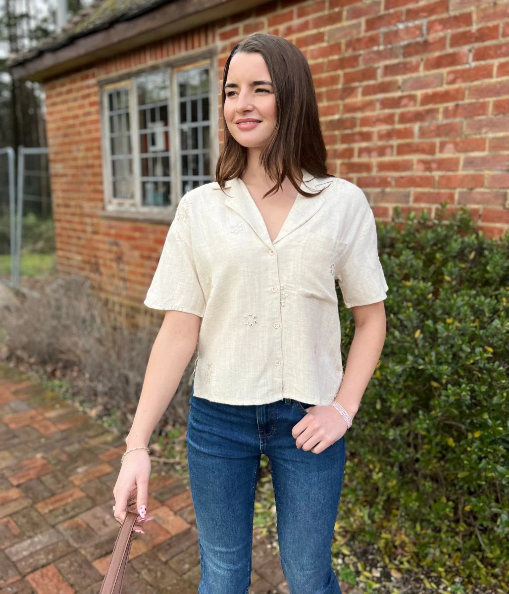 Linen Blend Short Sleeve Embellished Shirt - Image 9